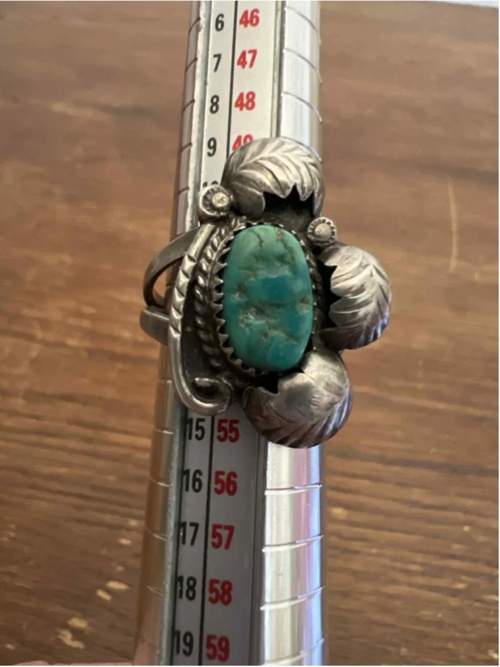 Vintage Navajo Sterling Silver Turquoise Ring Leaf Design Handmade Signed Size 6